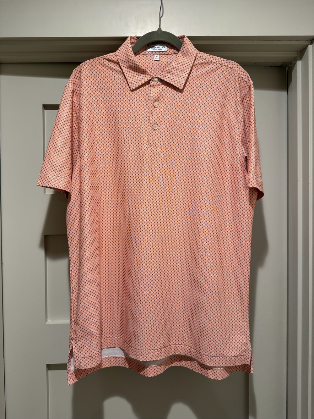 Peter Millar Summer Comfort Polo Men’s M Coral Orange Navy Geometric Golf